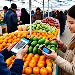 **A bustling local farmer's market, but with a modern twist: shoppers using smartphones to scan QR codes on artisanal products, accessing blockchain-verified origin and production information. The scene should convey both the tradition of local goods and the innovation of traceability. Focus on the vibrant colors of the produce and the interaction between technology and the human element.**