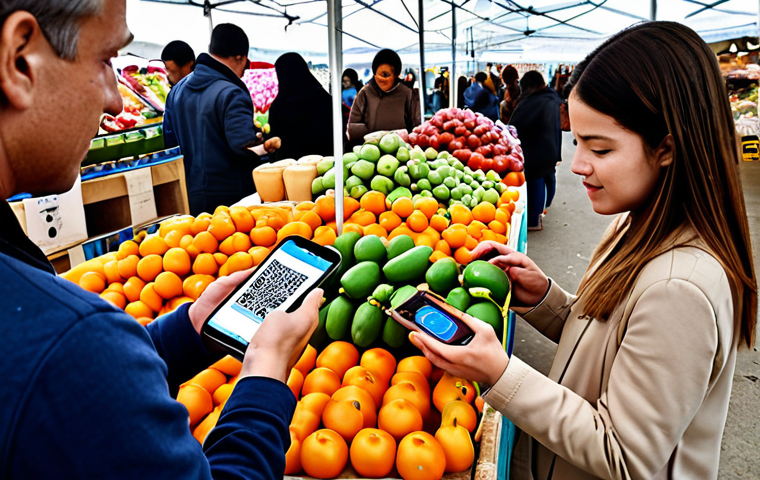 **A bustling local farmer's market, but with a modern twist: shoppers using smartphones to scan QR codes on artisanal products, accessing blockchain-verified origin and production information. The scene should convey both the tradition of local goods and the innovation of traceability. Focus on the vibrant colors of the produce and the interaction between technology and the human element.**
