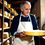 A professional Italian cheesemaker, a mature man, fully clothed in a modest, traditional apron and work attire. He is standing in a rustic, well-lit cheese aging cellar, gently inspecting a large wheel of artisanal Parmigiano Reggiano cheese on wooden shelves. Sunlight softly streams through a window, illuminating the rich textures of the cheese and cellar. The scene emphasizes craftsmanship, tradition, and authenticity. Professional photography, warm lighting, shallow depth of field, perfect anatomy, correct proportions, natural pose, well-formed hands, proper finger count, natural body proportions, high detail, ultra-realistic, photorealistic, safe for work, appropriate content, fully clothed, professional, family-friendly.