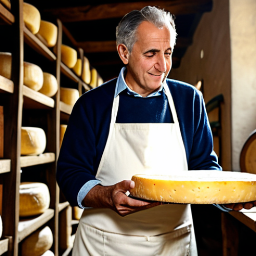 Home 7 A professional Italian cheesemaker, a mature man, fully clothed in a modest, traditional apron and work attire. He is standing in a rustic, well-lit cheese aging cellar, gently inspecting a large wheel of artisanal Parmigiano Reggiano cheese on wooden shelves. Sunlight softly streams through a window, illuminating the rich textures of the cheese and cellar. The scene emphasizes craftsmanship, tradition, and authenticity. Professional photography, warm lighting, shallow depth of field, perfect anatomy, correct proportions, natural pose, well-formed hands, proper finger count, natural body proportions, high detail, ultra-realistic, photorealistic, safe for work, appropriate content, fully clothed, professional, family-friendly.