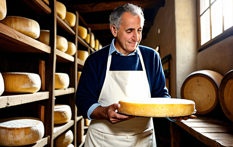 A professional Italian cheesemaker, a mature man, fully clothed in a modest, traditional apron and work attire. He is standing in a rustic, well-lit cheese aging cellar, gently inspecting a large wheel of artisanal Parmigiano Reggiano cheese on wooden shelves. Sunlight softly streams through a window, illuminating the rich textures of the cheese and cellar. The scene emphasizes craftsmanship, tradition, and authenticity. Professional photography, warm lighting, shallow depth of field, perfect anatomy, correct proportions, natural pose, well-formed hands, proper finger count, natural body proportions, high detail, ultra-realistic, photorealistic, safe for work, appropriate content, fully clothed, professional, family-friendly.