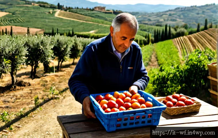 지역생산의 지속 가능성 평가 - Photorealistic Italian local food sustainability assessment scene, a middle-aged cooperative farmer ...