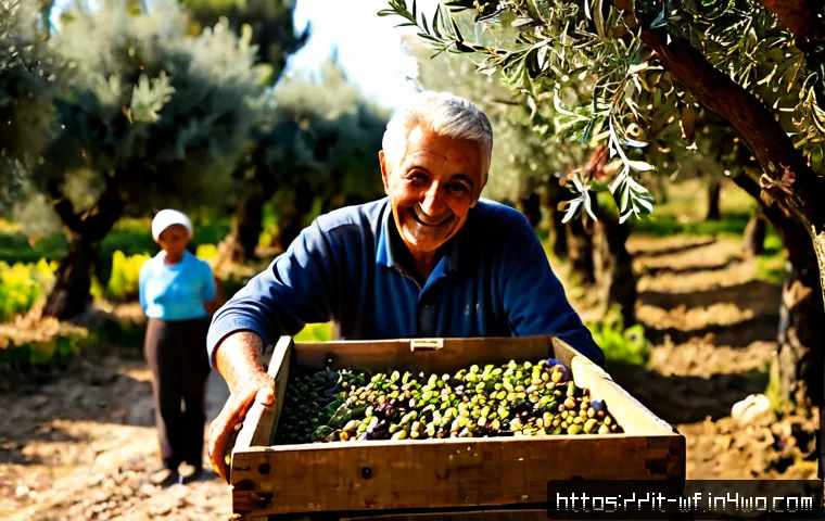 Home 14 지역생산의 성공적인 사례들 - Photorealistic Italian farm-to-table success scene, elderly olive growers and a young cooperative ma...