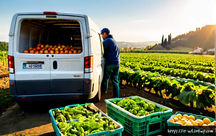 Home 15 지역생산 및 유통 채널 혁신 - Photorealistic Italian farm-to-city distribution scene, a small organic vegetable farm in Tuscany at...